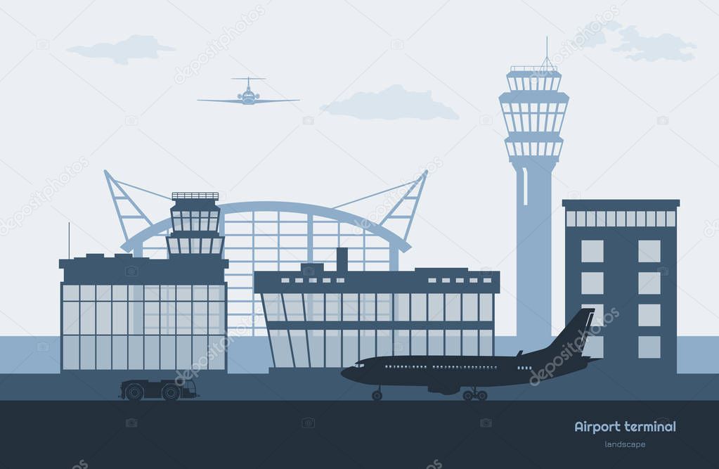 Landscape of airport. Transportation terminal silhouette. Airplane on aerodrome background. Aviation scene