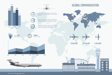 Havayolu Infographics. Grafik ve Taşıma iş diyagramı. Uçaklar ile küresel harita. Uçaklar ve bilgilerle Havacılık broşürü.