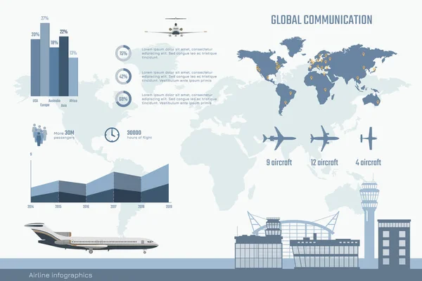 Infografías de aerolíneas. Gráficos y diagrama del negocio del transporte. Mapa global con aviones. Folleto de aviación con aviones e información . — Vector de stock