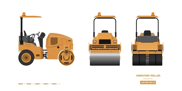 Vibrerende roller in realistische stijl. Zijkant, achterkant en vooraanzicht. Bouwmachines 3D-beeld. Industriële geïsoleerde tekening van Oranje asfalt compactor. Blueprint voor diesel voertuigen — Stockvector