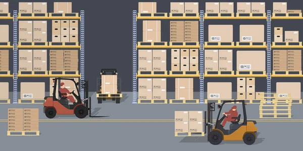 Adegan gudang. Gudang dan forklift. Rak dengan kotak dan kontainer. Proses logistik. Pemandangan industri - Stok Vektor