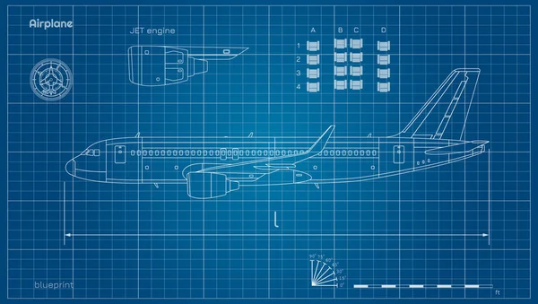 Aircraft in outline style. Blueprint of civil plane. Side view of airplane. Industrial drawing. Jet engine on blue background — Stock Vector