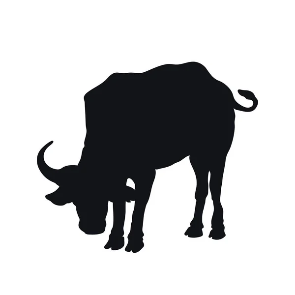 Silueta negra de búfalo africano sobre fondo blanco. Icono de toro aislado. Animales salvajes de África. Naturaleza de sabana — Vector de stock