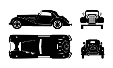 Beyaz arka plan üzerinde retro araba siyah siluet. Vintage cabriolet planı. Ön, yan, üst ve arka görünüm. Endüstriyel izole çizim