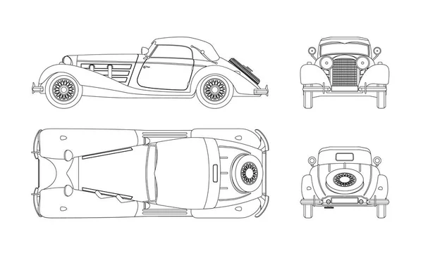 Schets blauwdruk van retro auto op witte achtergrond. Vintage cabriolet. Voorkant, zijkant, boven-en achteraanzicht. Industriële geïsoleerde tekening — Stockvector