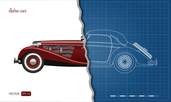 Esquema del modelo de coche retro. Cabriolet vintage en estilo realista. Vista lateral. Plano industrial. 3d automóvil — Archivo Imágenes Vectoriales