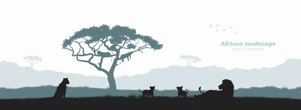 Η μαύρη σιλουέτα της αγέλης των λιονταριών. Τοπίο με άγρια αφρικανικά ζώα. Τόπος της άγριας ζωής της Σαβάνα. Ταξιδιωτική αφίσα της Αφρικής — Διανυσματικό Αρχείο