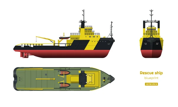 Reddingsschip op witte achtergrond. Bovenkant, zijkant en vooraanzicht. Industrie 3D blauwdruk in realistische stijl. Geïsoleerde tekening van de boot — Stockvector