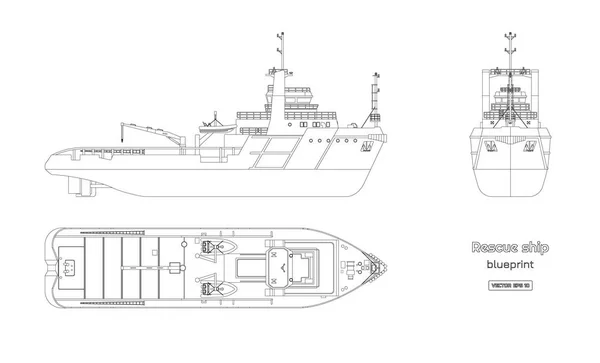 Garis besar cetak biru kapal penyelamat pada latar belakang putih. Atas, samping dan depan tampilan. Gambar Industri. Citra perahu yang terisolasi - Stok Vektor
