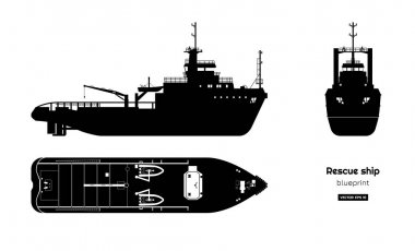 Black silhouette of rescue ship on white background. Top, side and front view. Industry blueprint. Isolated drawing of boat clipart