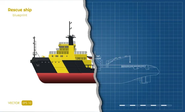 白い背景に救助船のアウトラインブループリント。上、側面、正面図。リアルなスタイルで業界3D図面。ボートの孤立したイメージ — ストックベクタ