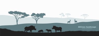 Afrika domuzunun siyah silueti. Çöl yaban domuzu ailesi ile sahne. Vahşi Afrika hayvanları ile manzara. Savana vahşi yaşam sahnesi. Afrika seyahat afişi