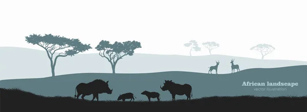 Silueta negra de jabalí africano. Paisaje con familia de jabalíes del desierto. Paisaje con animales salvajes africanos. Escena de la vida silvestre de Savannah. Cartel de viaje de África — Vector de stock