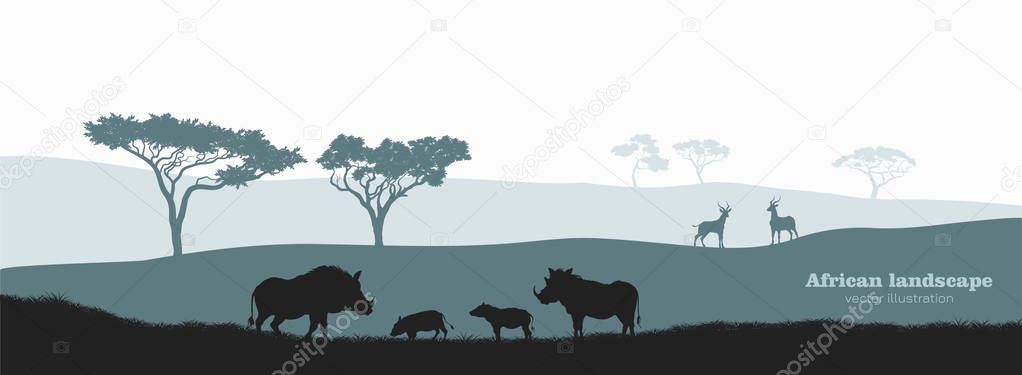 Black silhouette of african boar. Scenery with desert warthog family. Landscape with wild african animals. Scene of savannah wildlife. Travel poster of Africa