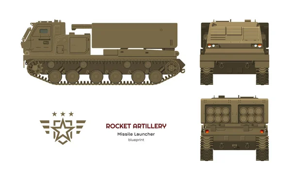Kendaraan rudal dalam gaya yang realistis. Roket artileri. Sisi, depan dan belakang. Gambar 3d traktor militer dengan senjata jet. Tangki kamuflase - Stok Vektor