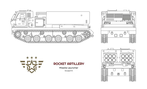 Garis besar cetak biru kendaraan rudal. Roket artileri. Sisi, depan dan belakang. Menggambar traktor militer dengan senjata jet. Tangki kamuflase - Stok Vektor