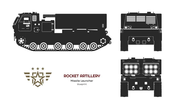 Silhouette noire de véhicule missile. Artillerie de roquettes. Vue latérale, avant et arrière. Dessin de tracteur militaire avec arme à réaction. Camouflage réservoir — Image vectorielle