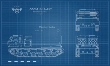 Füze aracının anahat planı. Roket topçuları. Yan, ön ve arka görünüm. Askeri traktörün jet silahıyla çizimi. Kamuflaj tankı