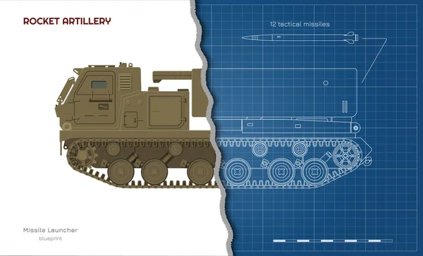 Garis besar cetak biru kendaraan rudal. Roket artileri. Sisi tampilan. 3d gambar traktor militer dengan senjata jet. Tangki kamuflase - Stok Vektor