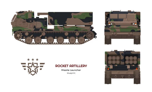 Véhicule de missiles dans un style réaliste. Artillerie de roquettes. Vue latérale, avant et arrière. Image 3D de tracteur militaire avec arme à réaction. Camouflage réservoir — Image vectorielle