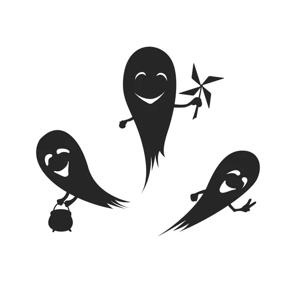 Schwarze Silhouette niedlicher Geister. Halloween-Party. isolierte Bild von fanny Monster. Fliegender Geist auf weißem Hintergrund — Stockvektor