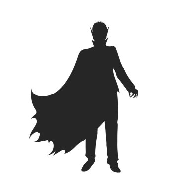 Vampirin siyah silueti. Cadılar Bayramı partisi. Drakula kostümünün izole görüntüsü. Beyaz arka planda ölü bir adam. Gotik canavar