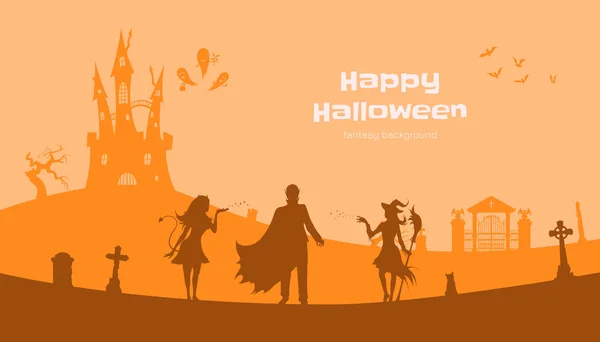 Banner de Halloween con siluetas de fantasía. Paisaje de cementerio con bruja, vampiro y diablo. Escena festiva de la fiesta de octubre — Vector de stock