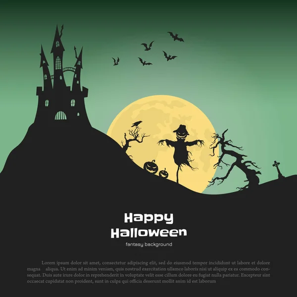 Banner de Halloween con siluetas de fantasía. Paisaje de cementerio con espantapájaros y calabazas. Escena festiva de la fiesta de octubre — Vector de stock