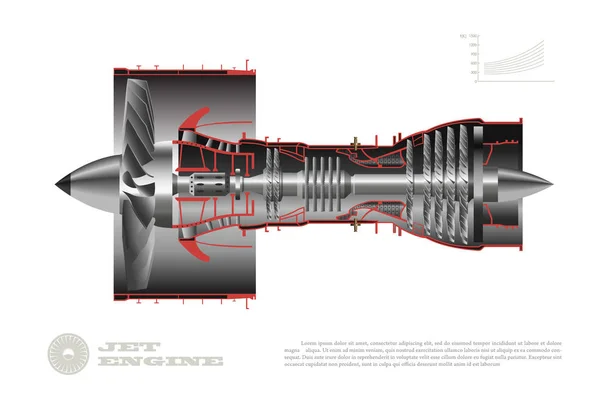 Motor a reacción del avión. Plano aerospásico industrial. 3d dibujo de motor plano. Parte del avión. Vista lateral — Vector de stock