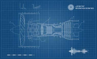 Anahat tarzında uçağın jet motoru. Endüstriyel aerospaz planı. Uçak motoru çizimi. Uçağın bir parçası. Yan görünüm