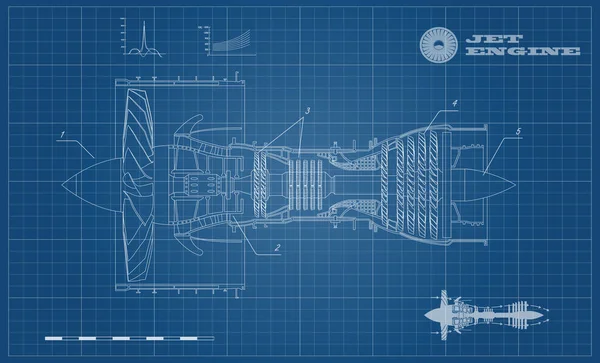 Anahat tarzında uçağın jet motoru. Endüstriyel aerospaz planı. Uçak motoru çizimi. Uçağın bir parçası. Yan görünüm