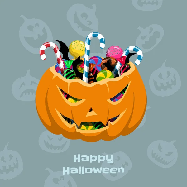 Calabaza de Halloween con caramelos. Cesta de miedo con caramelo y piruleta. Tarjeta de felicitación en estilo de dibujos animados — Vector de stock