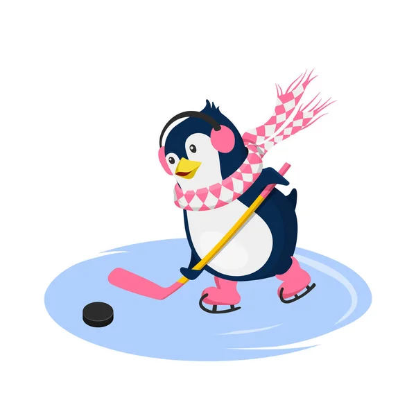 企鹅在打曲棍球 卡通风格的孤立角色。 冬季运动 北极鸟类的芬妮形象 — 图库矢量图片