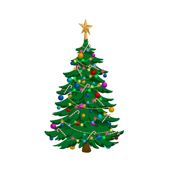 Citra terisolasi dari pohon Natal. Fir Holiday dalam gaya kartun. Pemandangan pinus dengan bintang. Simbol Tahun Baru Grafik Vektor