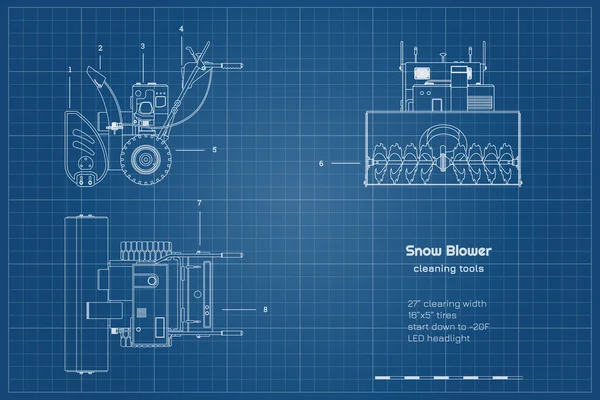 Esquema plano del soplador de nieve. Vista superior, lateral y frontal. Herramienta de mano de invierno para remover hielo. Máquina de arado de contorno — Vector de stock