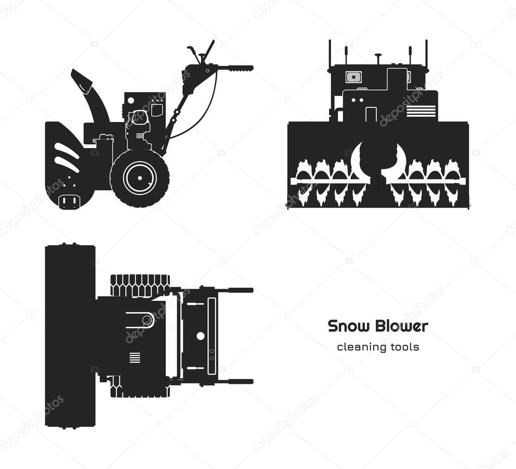 Black silhouette of snow blower. Top, side and front view. Winter hand tool for ice removal. Isolated plow machine