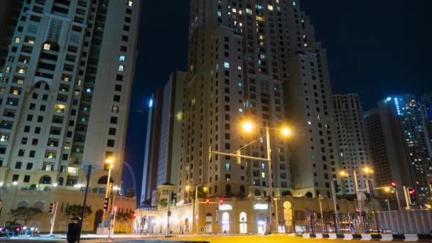 Night time-lapse road and skyscrapers — Stock Video