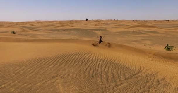 Girl sitting on a dune in the desert — Stock Video