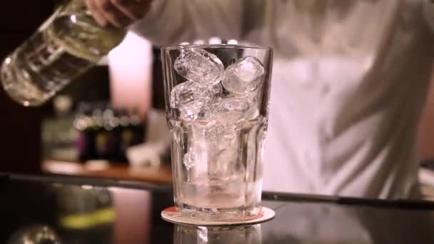 Se vierte alcohol en un vaso con hielo — Vídeos de Stock