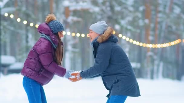 Casal engraçado em jaquetas e chapéus lança neve no parque de inverno — Vídeo de Stock