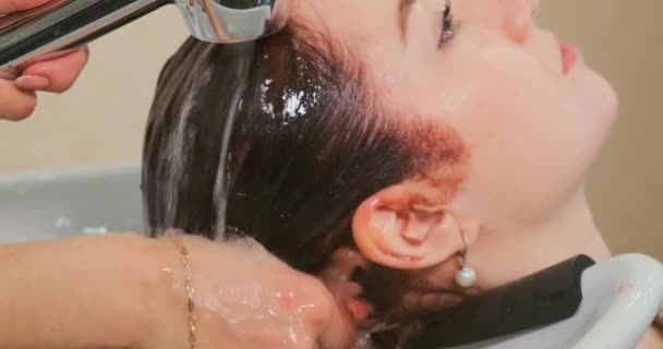 Kadeřnice myje mladé ženy vlasy detailní — Stock video