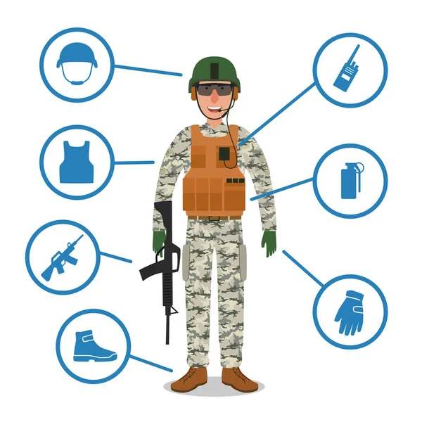De militair van het leger met militair materiaal. Helm, radio, pistool, granaat, Bullet Proof kevlar vest — Stockvector