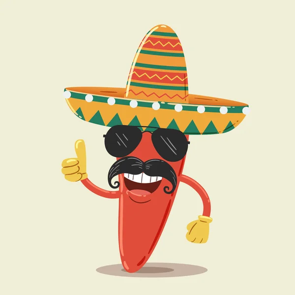 Personagem de pimenta mexicana com óculos de sol e Sombrero — Vetor de Stock