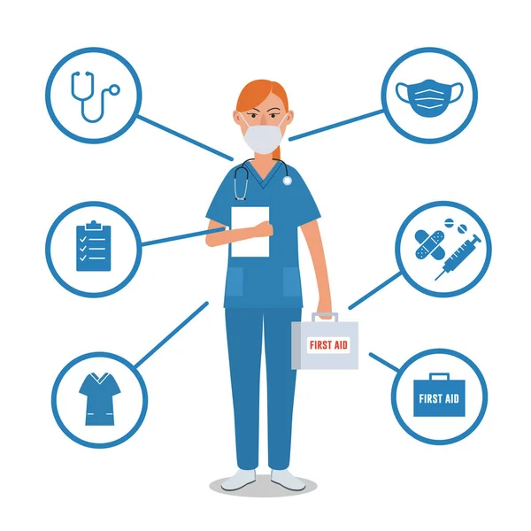Pielęgniarka z wyposażeniem medycznym. Stetoskop, apteczka, wtrysk, maska — Wektor stockowy
