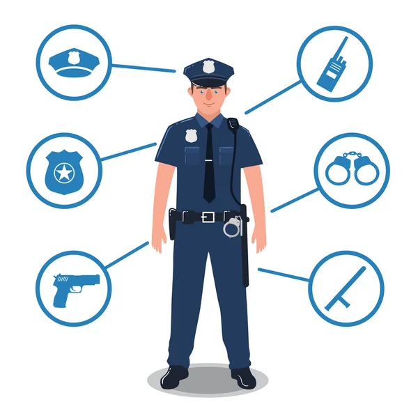 Αστυνομικός με εξοπλισμό της αστυνομίας. Ράδιο, μπαστούνι, σήμα, όπλο, χειροπέδες, καπέλο. — Διανυσματικό Αρχείο