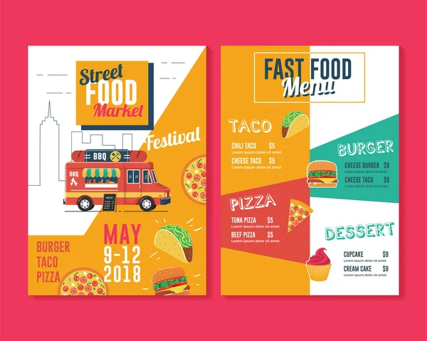 Folheto de caminhão de comida e modelo de menu. Mercado de comida de rua — Vetor de Stock