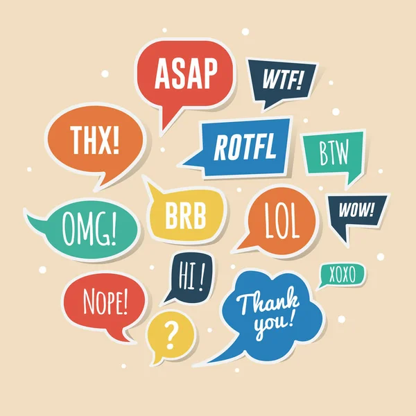 Paper speech bubbles with phrases. ASAP, ROTFL, LOL, BRB, etc. — Stock Vector