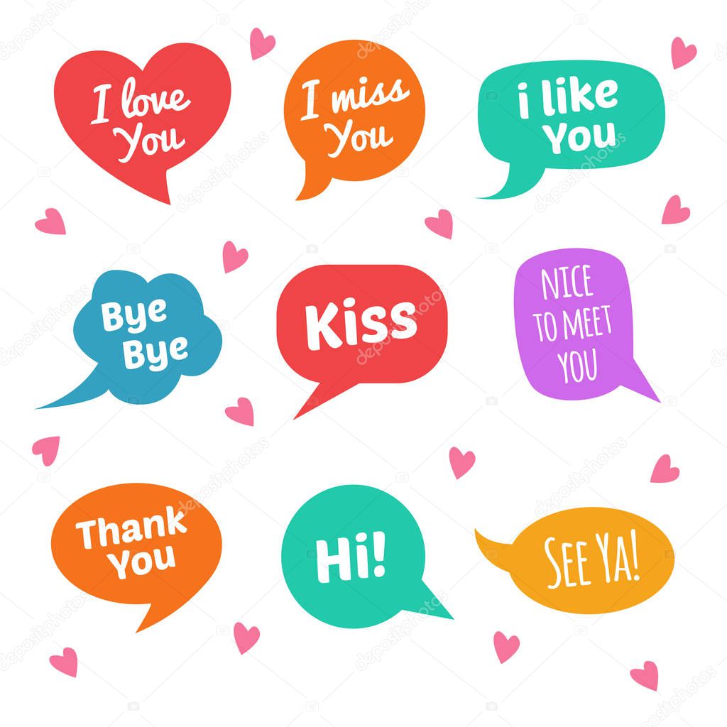 Speech bubbles with text. I love you, i miss you, kiss, i like you, etc