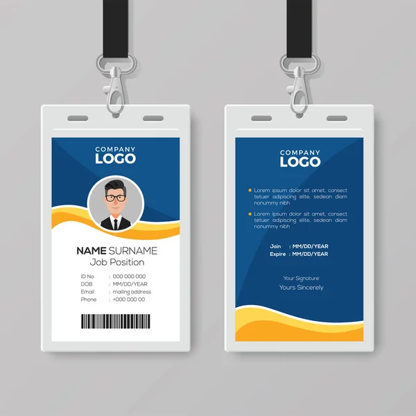 Blue ID Card Template with Yellow Details — Stock Vector