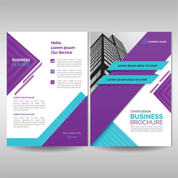 Business brochure omslag sjabloon met paarse en cyaan geometrische vormen — Stockvector